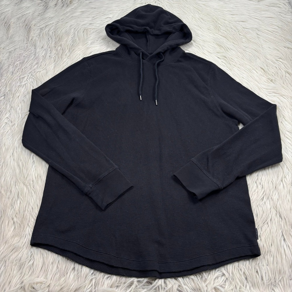 American Eagle Men's M Black Waffle Knit Hooded Long Sleeve Shirt Normcore